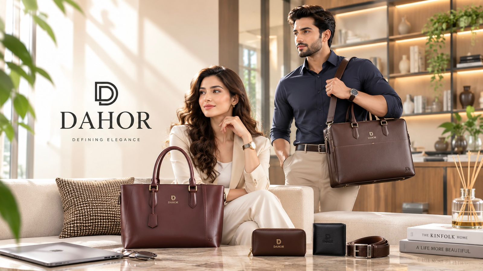 DAHOR — Defining Elegance. Full-grain leather tote, briefcase, wallets and belt styled in a luxury lounge.