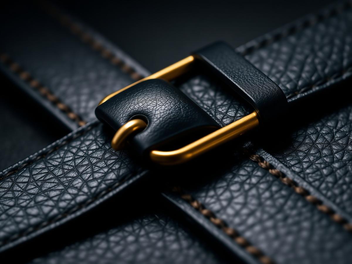 Close-up of hand-finished leather edge and hardware detail