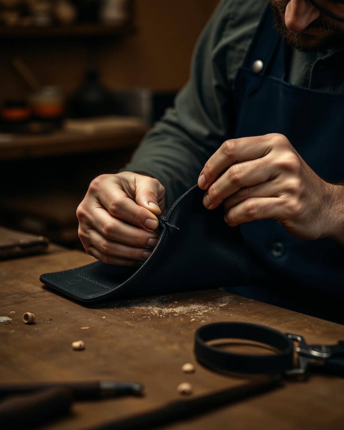 Artisan hand-stitching leather in the DAHOR atelier