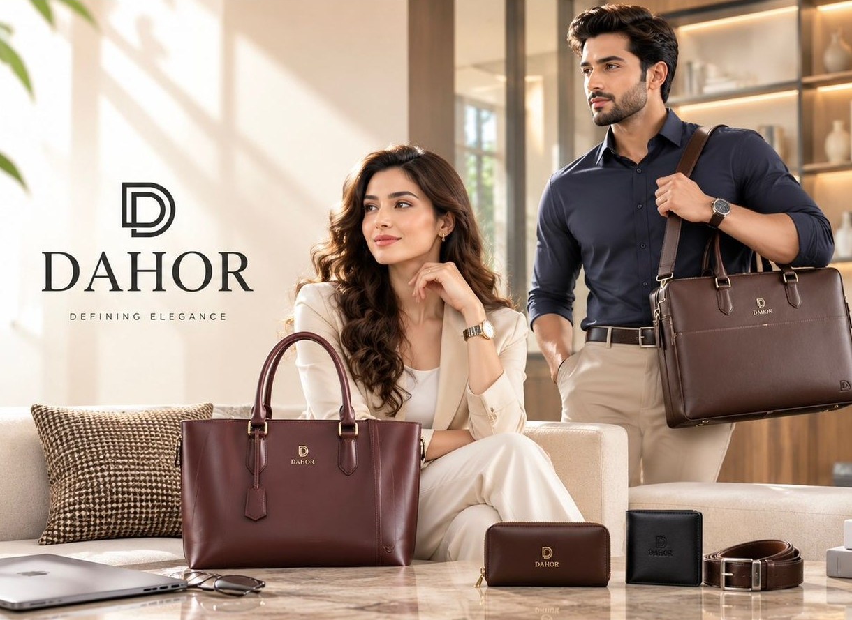 DAHOR — Defining Elegance. Full-grain leather tote, briefcase, wallets and belt styled in a luxury lounge.